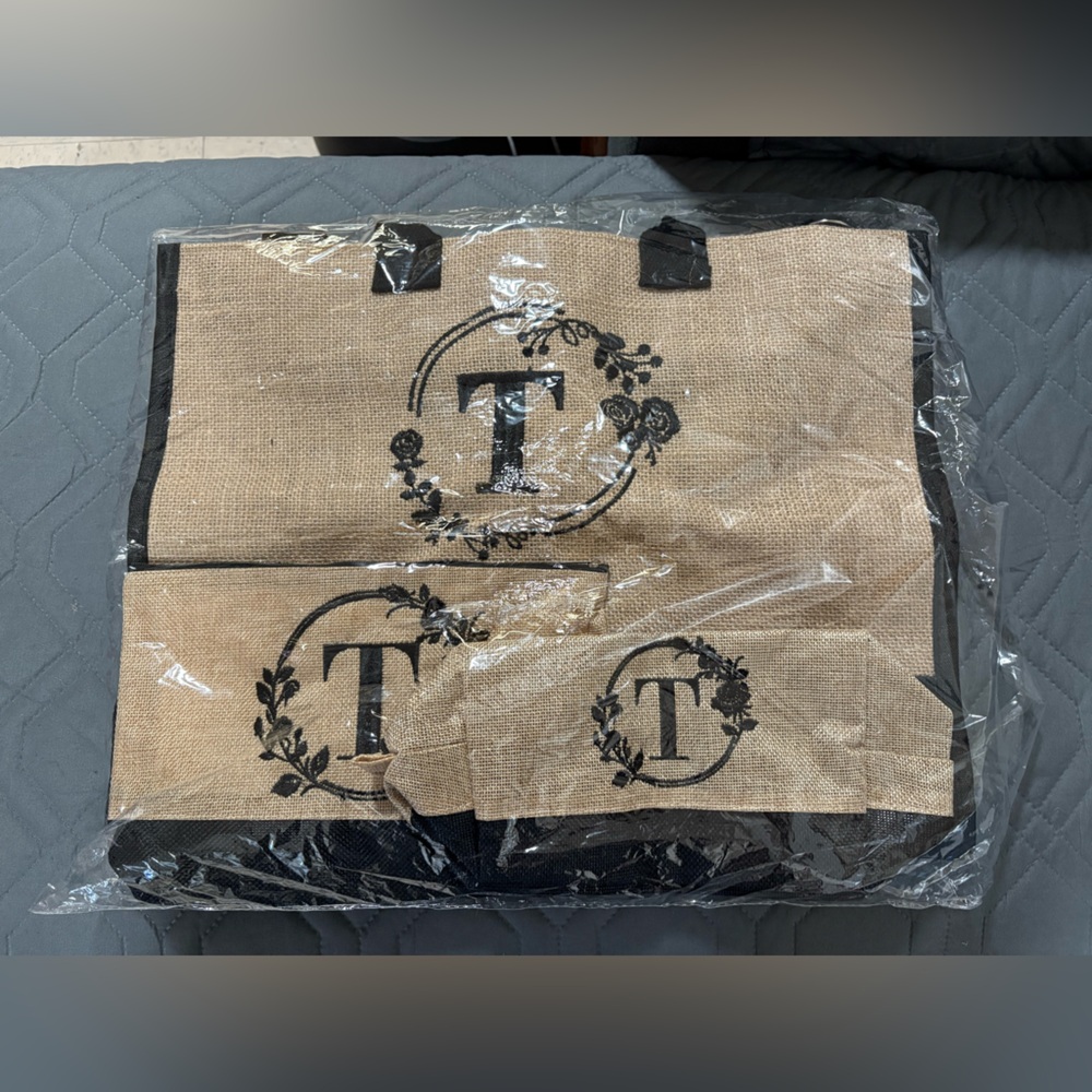 3-Piece Jute “T” Black/Khaki Tote Bag Set